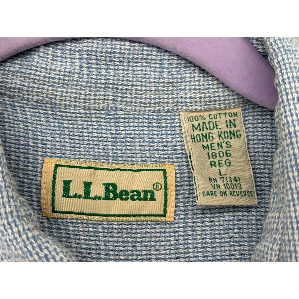Vintage L.L. Bean Button Down Shirt Mens L Blue Textured Made in Hong Kong